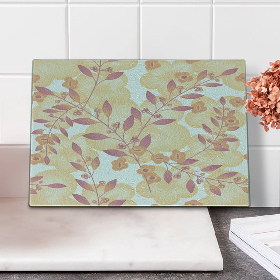 Beige Cutting Board, Pastel Berry Branches Autumn Spring Repetitive Vegetative Fresh Seasonal Graphic, Decorative Tempered Glass Cutting and Serving Board, Small Size, Pink Peach, by Ambesonne