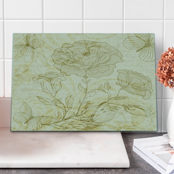 Beige Cutting Board, Various Sized Flourishing Roses and Butterflies Spring on Grungy Background Retro, Decorative Tempered Glass Cutting and Serving Board, Large Size, Mode Beige, by Ambesonne