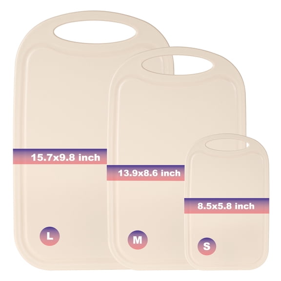 GoGeiLi Beige Cutting board with Juice Grooves, 3-Piece Plastic Chopping Block, Meat Cutting Board Set of Large Medium and Small Size, with Easy Grip Handle, Dishwasher Safe