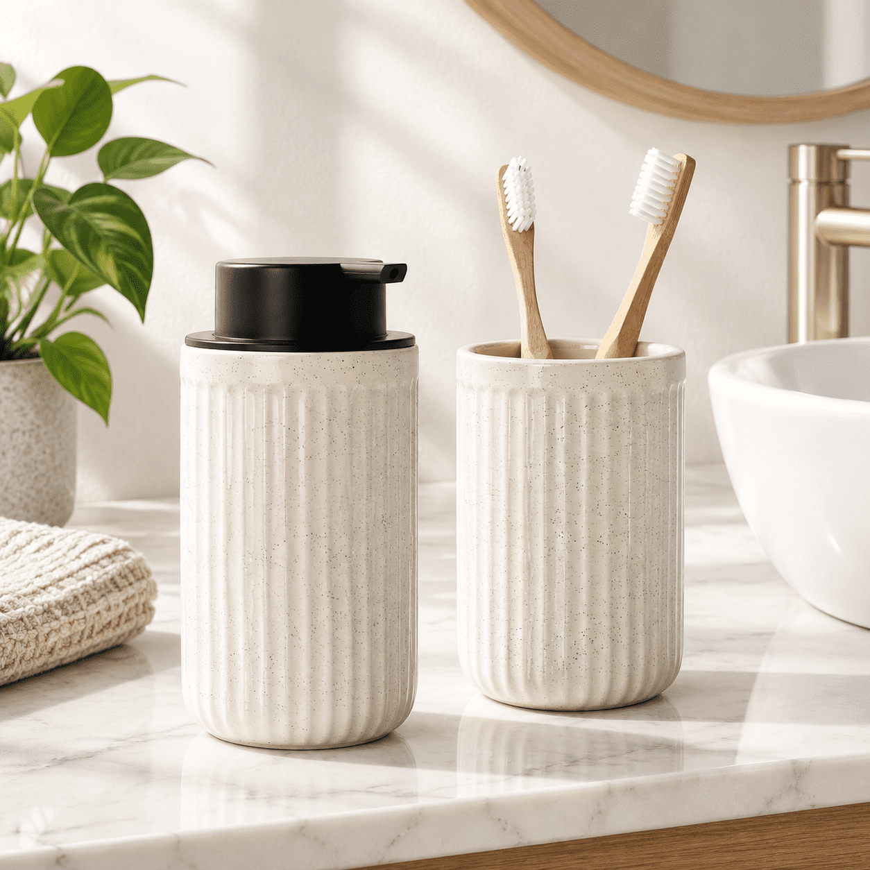 Beige Cylinder Stripes & Toothbrush Holder Liquid Pump Ceramic Bathroom ...