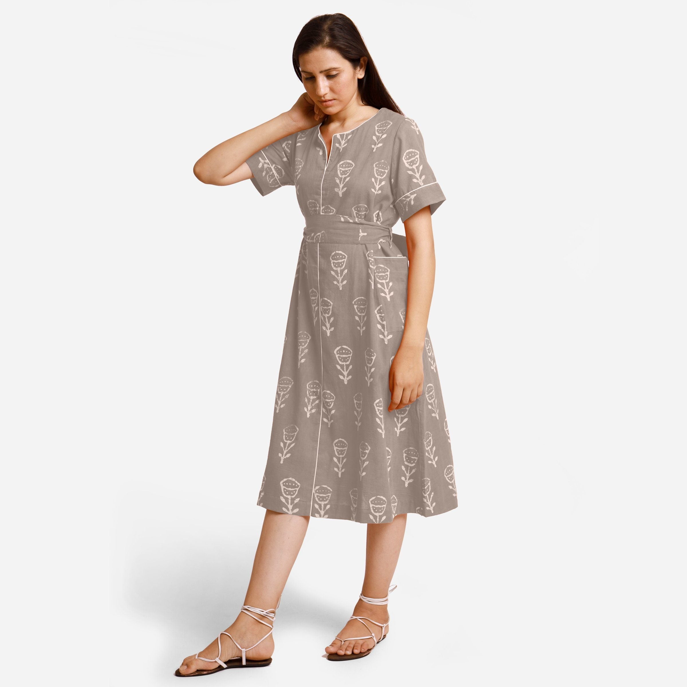 Bagru Cotton Beige Midi Dress main image 0