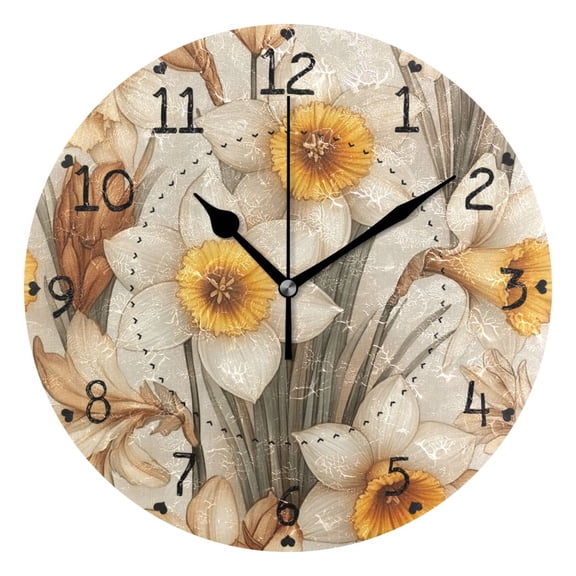 Beige Daffodils Art Round Wall Clock Silent Battery Operated Home Decor for Living Room Bedroom