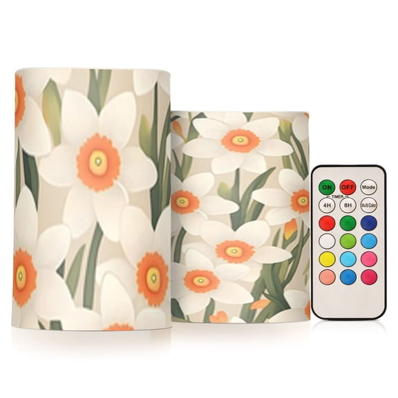 Beige Daffodils Pattern Flickering Flameless Candles Battery Operated with Remote Timer LED Pillar Candles Set of 2
