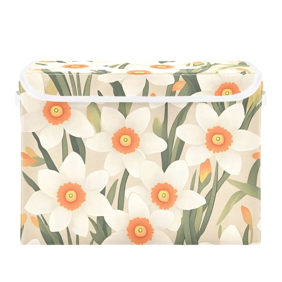 Beige Daffodils Pattern Large Storage Bins with Linen Collapsible Lid Storage Box 16.7 x 12.6 x 11.8in