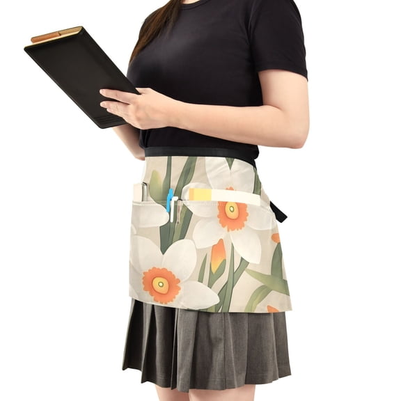 Beige Daffodils Pattern Server Apron with 3 Pockets Waist Apron for Waiter Waitress