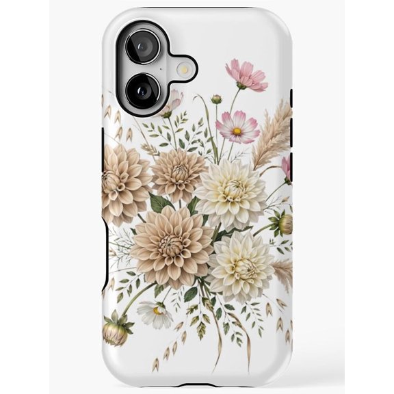 Beige Dahlia and Pink Cosmos Tough iPhone Case, Dual-Layer Polycarbonate Shell with TPU Liner