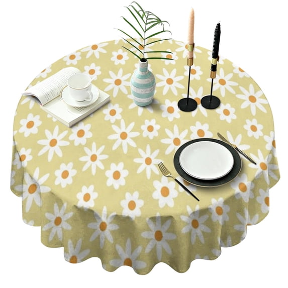Beige Daisy Flower White Blooms Pattern Round Tablecloth 60"x60",Wrinkle Wipeable Table Cloth for Kitchen Dining Room Picnic Patio Party