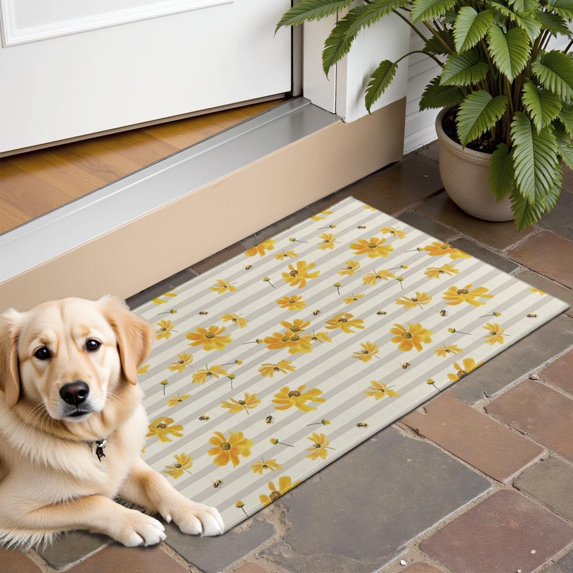 Beige Daisy Flower Yellow Blooms Pattern Door Rugs,Washable Non Slip Door Mats Indoor,Decorative Door Mats,Entry Mat Indoor for Entrance,Bedroom,Kitchen,Bathroom,16"x24"