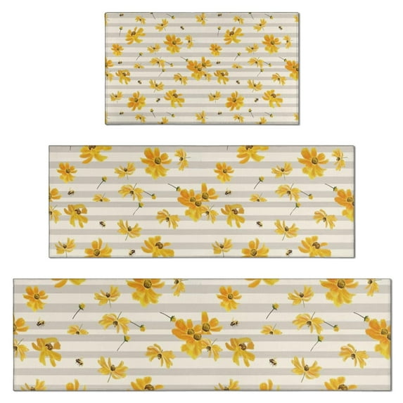 Beige Daisy Flower Yellow Blooms Pattern Kitchen Rugs Sets Of 3,Kitchen Runner Rugs Non Skid Washable,Decorative Kitchen Floor Mats for Kitchen,Sink,Laundry,17"x30"+ 17"x47" + 17"x59"