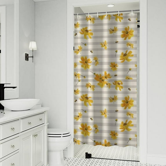 Beige Daisy Flower Yellow Blooms Pattern Shower Curtain 36"x72" ,Bathroom Decorative Shower Curtains Set with 12 Hooks,Modern Waterproof Washable Shower Curtain