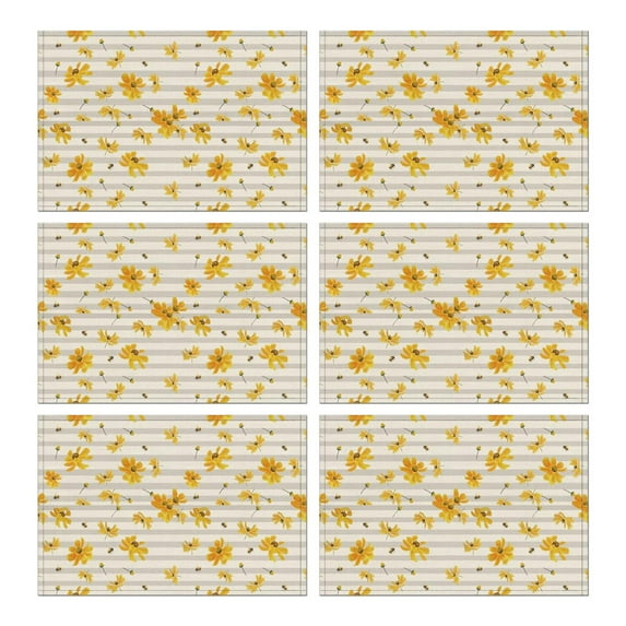 Beige Daisy Flower Yellow Blooms Pattern Summer Placemats Table Placemats Set Of 6-Linen Kitchen Washable Placemats Table Mats 11.8"x17.7" Non-Slip Heat Resistant