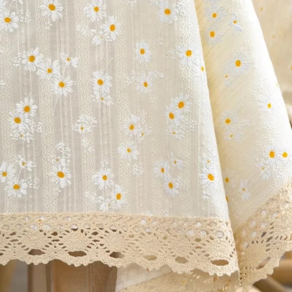 Beige Daisy Lace Tassels Cotton Tablecloth Rectangle Table Cover for Tea Table Decorations Kitchen Living Room Wedding Party Use