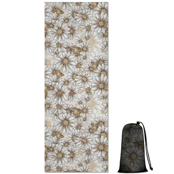 Beige Daisy Pattern Hot Yoga Mat Towel Non Slip for Hot Yoga - Quick-Drying Yoga Mat Cover with 4 Corner Pockets with Travel Bag - Hot Yoga Towel Non Slip Grip Moisture Wicking Sweat 70"x26"