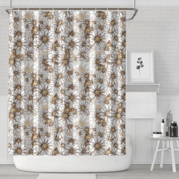 Beige Daisy Pattern Shower Curtain 72"x84" ,Bathroom Decorative Shower Curtains Set with 12 Hooks,Modern Waterproof Washable Shower Curtain
