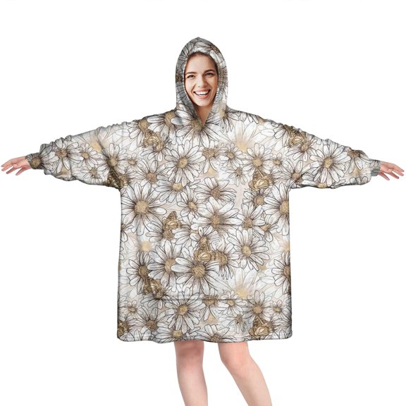 Beige Daisy Pattern Wearable Oversized Blanket,Wearable Blanket Hoodie for Adults,Cozy Hooded Blankets with Super Pockets,Super Warm Fuzzy Pullover for Women & Men