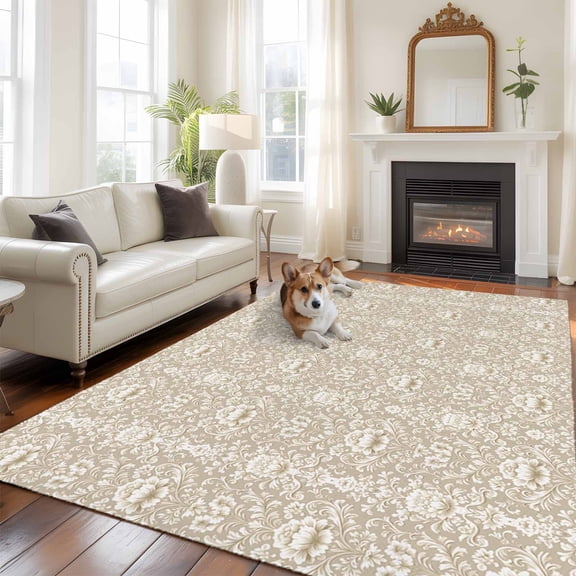 Beige Damask Area Rug 5x8 FT, Non Slip Bedroom Throw Carpet, Vintage Country Scroll Floral Patterned Washable Soft Floor Carpet Non-Shedding Rug for Living Room Nursery Dorm Office