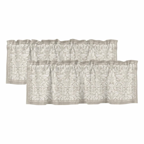Beige Damask Floral 2 Panels Kitchen Valance, Classic Scroll Foliage Oatmeal Border Curtains Valances for Small Windows Rod Pocket Window Treatments for Living Room Bedroom 42" W x 12" L