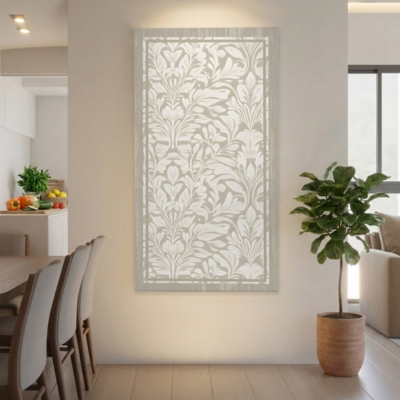 Beige Damask Floral Canvas Wall Art for Living Room, Classic Scroll Foliage Oatmeal Border Poster Print Painting for Bedroom Office Home Decoration Wall Pictures Prepare To Hang 20"x40"
