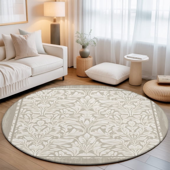 Beige Damask Floral Round Rug 6Ft Classic Scroll Foliage Oatmeal Border Circle Area Rugs Washable Non Slip Indoor Floor Mats Carpet for Living Room Bedroom Dining Room Home Decor