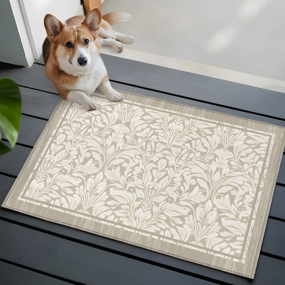 Beige Damask Floral Small Area Rugs 2x3 Classic Scroll Foliage Oatmeal Border Entryway Rugs Washable Door Mat, Low-Profile Area Rugs Non Slip Floor Carpet for Living Room Bedroom Home Office