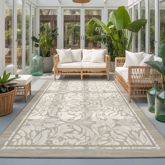 Beige Damask Floral Washable Living Room Rugs 5'x8', Classic Scroll Foliage Oatmeal Border Washable Throw Large Area Rug Non-Slip Sturdy Edge Binding Carpet for Living Area Kitchen Office