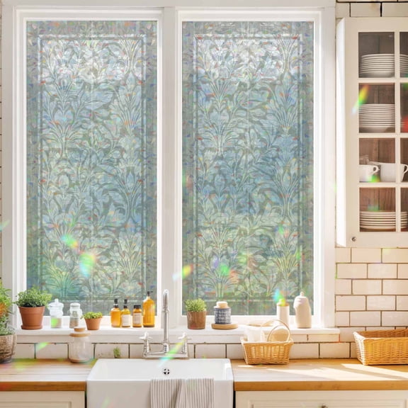 Beige Damask Floral Window Privacy Film Classic Scroll Foliage Oatmeal Border Static Cling Stained Glass Window Film Non-Adhesive Decorative Decals Rainbow Sticker 17.7"X39.3"