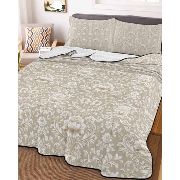 Beige Damask Full Size Down Alternative Comforter, Lightweight Comforter Quilt Bedding Set with Pillow Shams Vintage Country Scroll Floral Patterned All Seasons Bed Comforter Duvet Insert 78"x90"