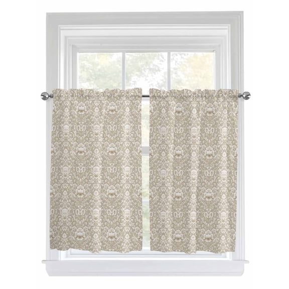Beige Damask Kitchen Curtains 54 Inch Length, Vintage Country Scroll Floral Patterned Rod Pocket Light Filtering Window Curtains Living Room Bedroom Curtain Drapes Cafe Curtain 52''x54''x2