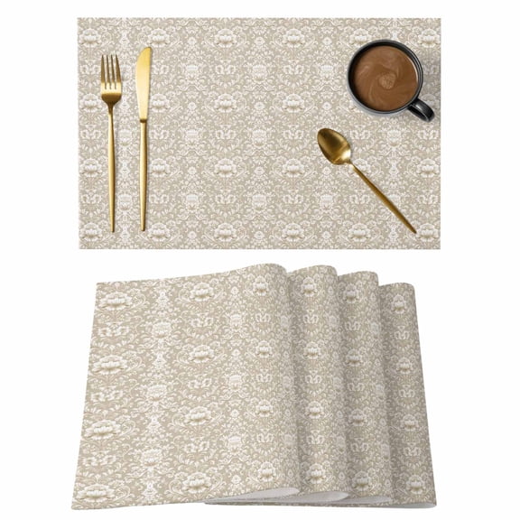 Beige Damask Placemats Set of 4 Vintage Country Scroll Floral Patterned Place Mats Indoor Wipeable Table Mats Washable Cloth Dining Table Placemats for Kitchen Holiday Party Home Decor 13x19 Inch