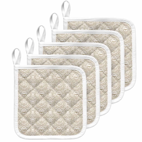 Beige Damask Pot Holders for Kitchen Heatproof Potholder, 5 Pack Vintage Country Scroll Floral Patterned Hot Pads Multipurpose Oven Pads Cloth Potholders Trivet for Cooking Baking