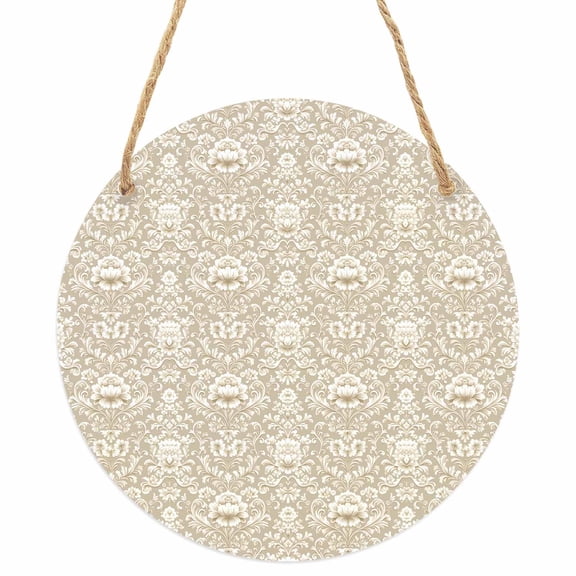 Beige Damask Round Front Door Welcome Sign, 5.9 Inch Wall Hanging Decor for Indoor Outdoor, Vintage Country Scroll Floral Patterned Home Porch Hanger Decorations for Holiday Gift