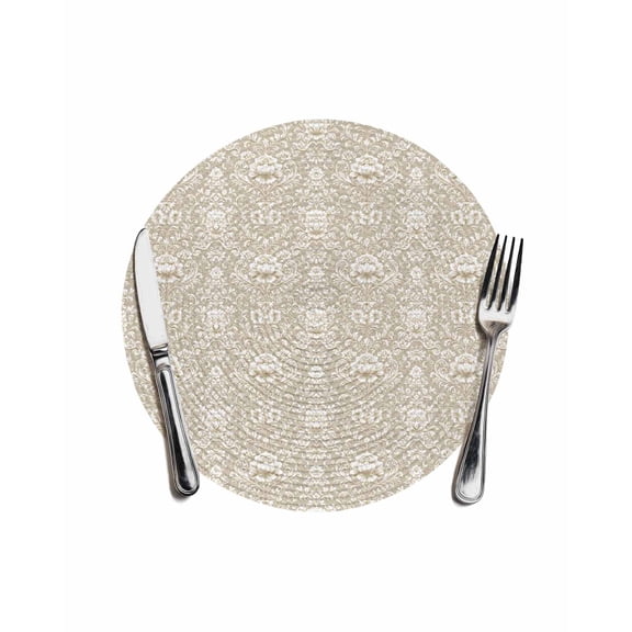 Beige Damask Round Placemats for Dinning Tables,Heat-proof Braided Table Mats 13 Inch,Vintage Country Scroll Floral Patterned Washable Place Mat for Kitchen Restaurant Party Decor Table Setting