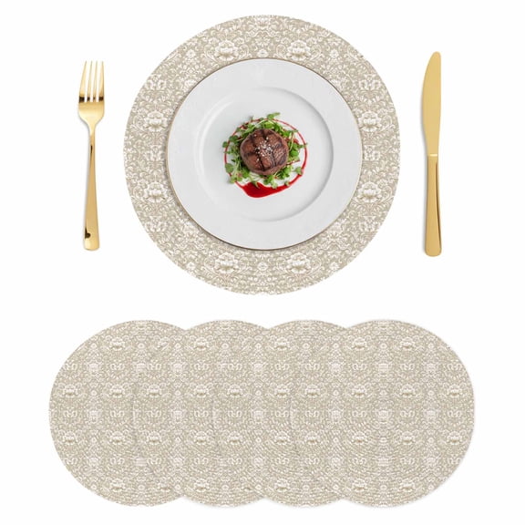 Beige Damask Round Placemats Set of 4 Vintage Country Scroll Floral Patterned Place Mats Indoor Woven Table Mats Washable Heat-Resistance Braided Dining Table Placemats for Kitchen Party 13 Inch