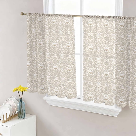 Beige Damask Semi Sheer Curtains 45 Inch Length 2 Panels Set, Vintage Country Scroll Floral Patterned Sheer Kitchen Curtain Privacy Voile Window Curtain for Living Room Bedroom Rod Pocket Drapes