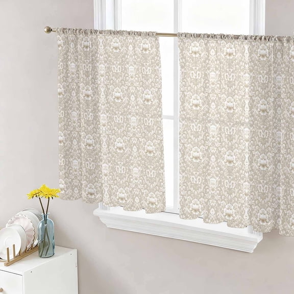 Beige Damask Semi Sheer Curtains 54 Inch Length 2 Panels Set, Vintage Country Scroll Floral Patterned Sheer Kitchen Curtain Privacy Voile Window Curtain for Living Room Bedroom Rod Pocket Drapes