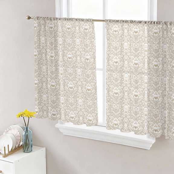 Beige Damask Sheer Curtains 45 Inches Length 2 Panels Set, Window Sheer Curtains for Living Room/Bedroom, Vintage Country Scroll Floral Patterned Light Filtering Rod Pocket Curtain 52''x45''x2