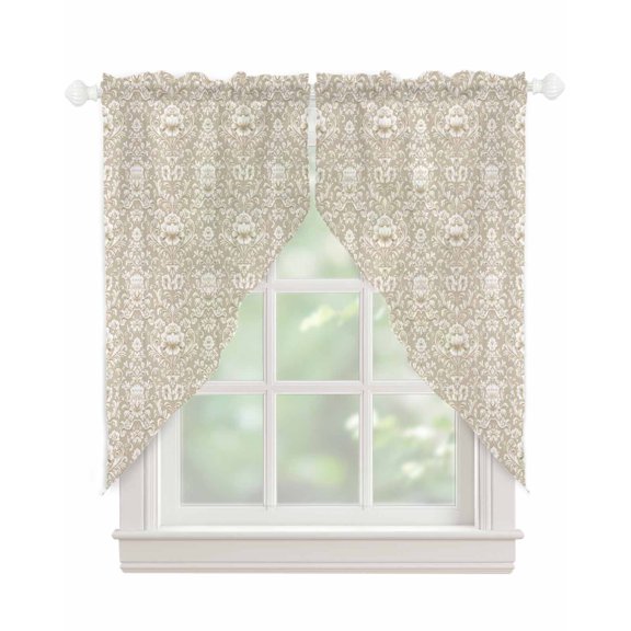 Beige Damask Swag Valances for Windows, Vintage Country Scroll Floral Patterned Rod Pocket Sheer Valances for Large Windows, Swag Toppers Light Filtering for Kitchen Living Room 2 Panels 36''x63''