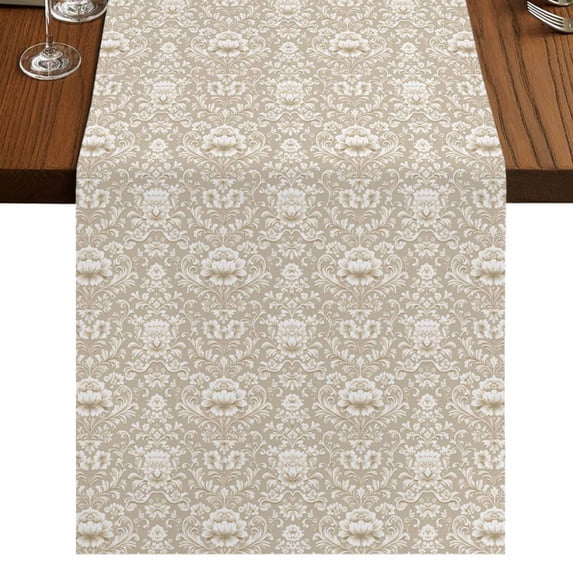 Beige Damask Table Runner 70 Inches Long,Vintage Country Scroll Floral Patterned Cotton Linen Table Runners Dresser Scarves,Fabric Tabletop Scarf Furniture Cover for Home Dinner Party 13"x70"