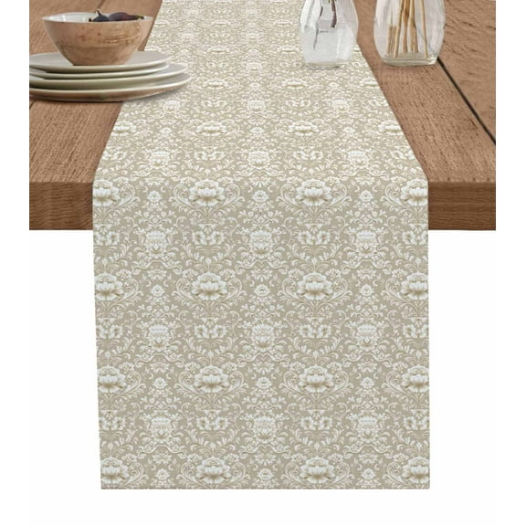 Beige Damask Table Runner Cotton Linen 90 Inch Holiday Dresser Scarves, Vintage Country Scroll Floral Patterned Tablerunner for Kitchen Coffee Dining Bedroom Living Room Dinner Scarf Décor 13''x90''