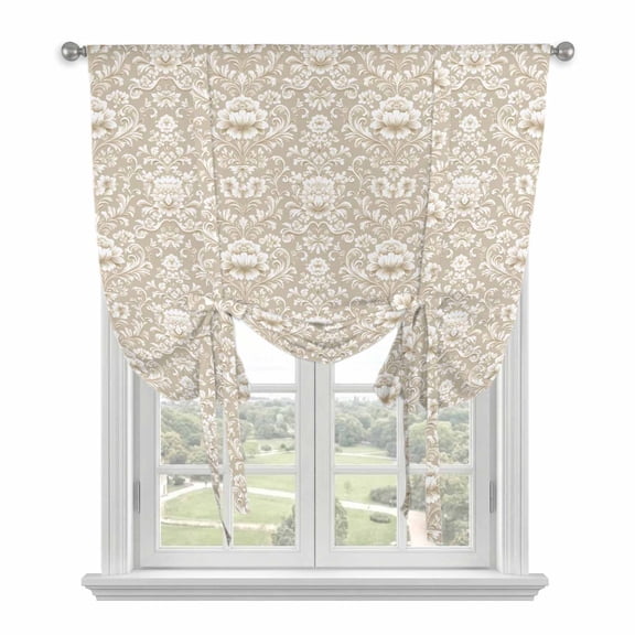 Beige Damask Tie Up Curtains for Windows, Adjustable Rod Pocket Valance Shade, Vintage Country Scroll Floral Patterned Light Filtering Window Treatment for Kitchen Bedroom Living Room 42"x 45"