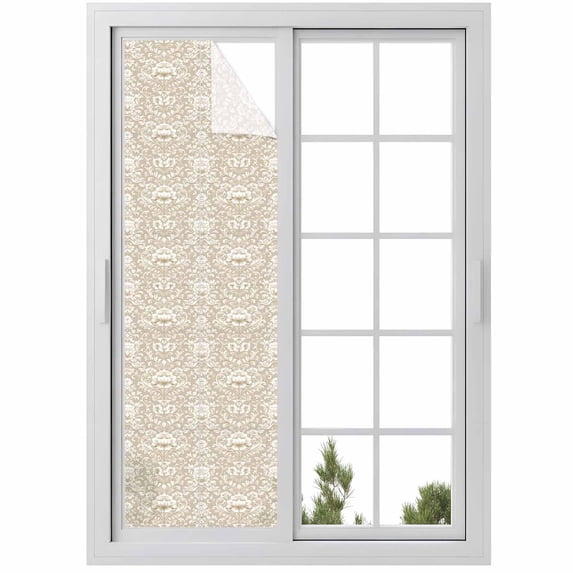 Beige Damask Window Privacy Film, Vintage Country Scroll Floral Patterned Static Cling UV Sun Blocking Heat Control Window Tint Day and Night, Non-Adhesive One Way Windows Privacy Cover 17.7''x78.7''