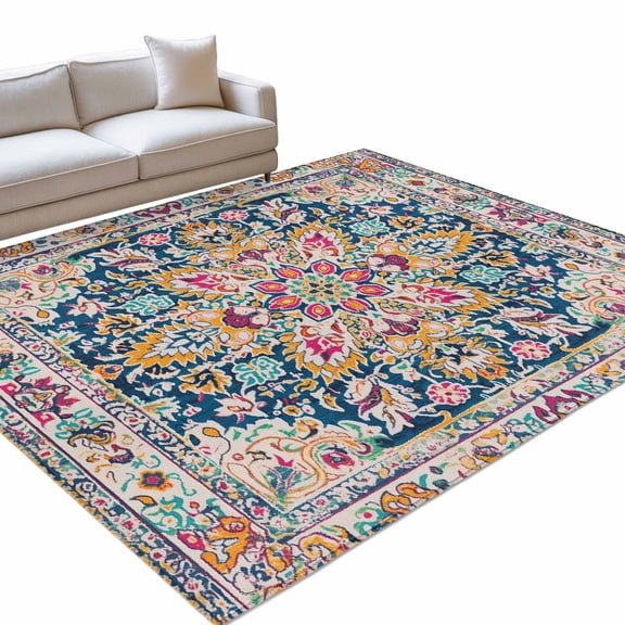 Beige Dark Blue Red Orange Flower Area Rug, Ethnic Middle East Non-Slip Felt Rubber Backing Rectangle Indoor Carpet Washable Rugs for Living Room Bedroom 2.7x5ft