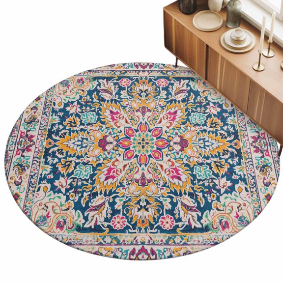Beige Dark Blue Red Orange Flower Area Rug, Ethnic Middle East Non-Slip Felt Rubber Backing Round Indoor Carpet Washable Rugs for Living Room Bedroom 3ft