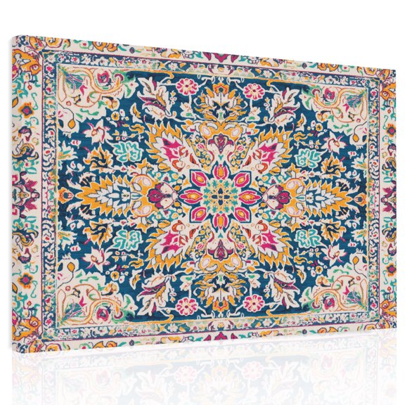 Beige Dark Blue Red Orange Flower Canvas Print Wall Art, Ethnic Middle East Vintage Retro Wall Decor Modern Artwork Paintings Pictures for Living Room Framed and Stretched Ready to Hang, 24" x 32"
