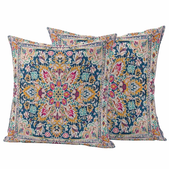 Beige Dark Blue Red Orange Flower Outdoor Pillow Covers 18"x18" Set of 2, Ethnic Middle East Waterproof Throw Pillow Covers for Patio Furniture, Decorative Cushion Covers for Porch