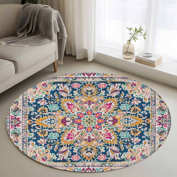 Beige Dark Blue Red Orange Flower Round Rugs for Living Room 3ft Ethnic Middle East Vintage Retro Non Slip Circle Rug Washable Low-Profile Indoor Carpet for Bedroom, Dining Room, Bathroom
