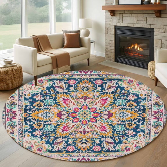 Beige Dark Blue Red Orange Flower Round Rugs for Living Room 6ft Ethnic Middle East Vintage Retro Non Slip Circle Rug Washable Low-Profile Indoor Carpet for Bedroom, Dining Room, Bathroom