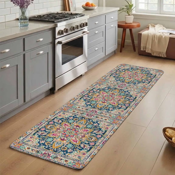 Beige Dark Blue Red Orange Flower Washable Runner Rug 1.4x4 ft Ethnic Middle East Vintage Retro Non-Slip Hallway Runner Rug, Linen Kitchen Runner Mats, Indoor Floor Carpet for Entryway Bedroom