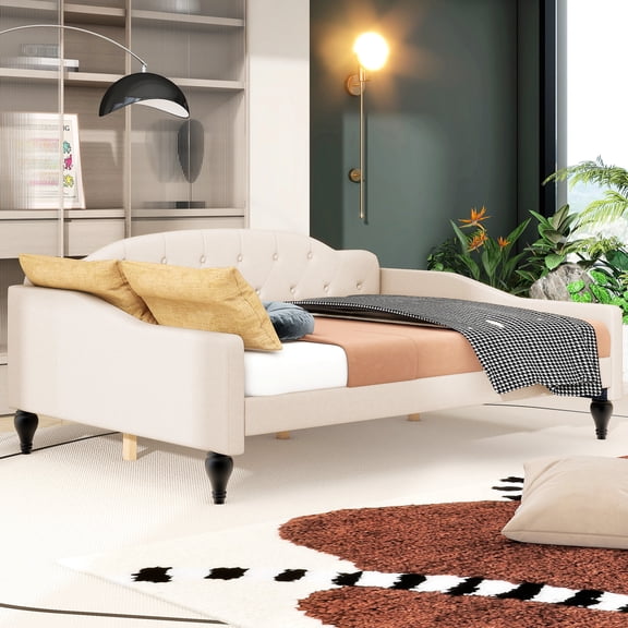 Beige Daybed With Plywood Frame - No Extra Foundation Needed Matches Various Home Decor Convenient To Assemble Stylish Stable Base And Deep Headboard