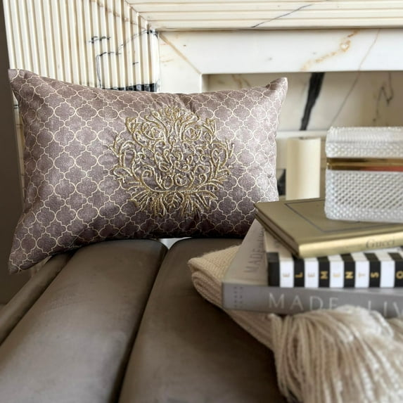 Beige Decorative Lumbar Pillow Cover 12" x 16" | Contemporary Velvet Oblong Cushion Cover Geometric | Moroccan Trellis Pattern Pillowcases for Bed, Couch & Sofa, Modern Home Décor - Malika Beige